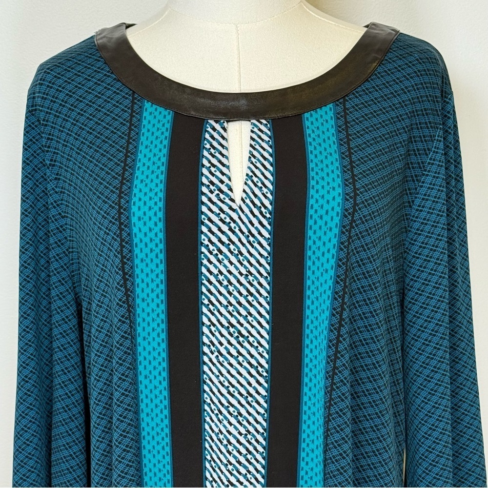 Alfani Tunic Top Faux Leather Trim Keyhole Neckline Striped Women’s Size Large - Picture 2 of 9